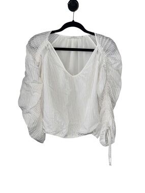 ASTR White V-Neck Puff Sleeve Stripe Blouse